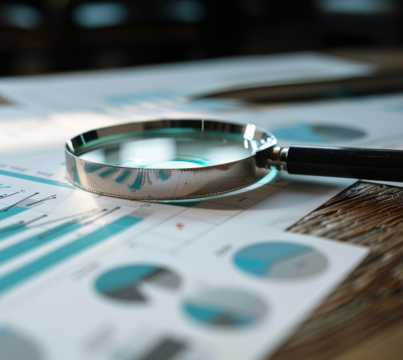 Magnifying glass placed over business charts and graphs on a wooden desk